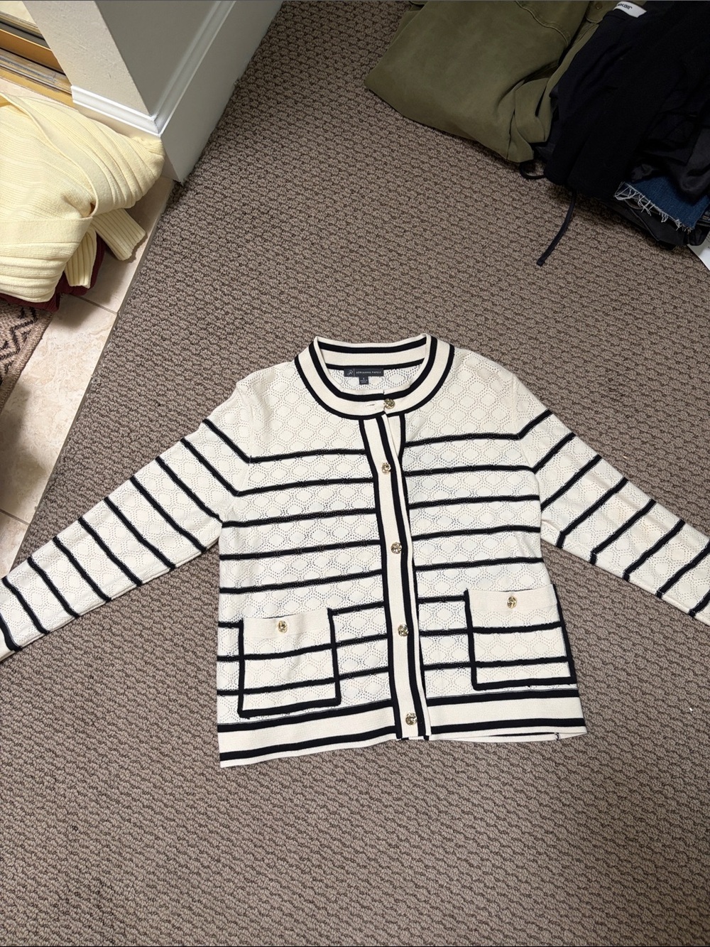 Cream and Black Striped Knit Cardigan